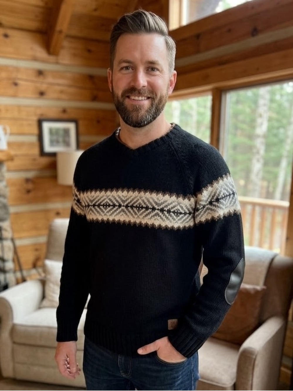 Roots Canada Mens Fair Isle Crew Neck Pullover Sweater Elbow Patches black 90s
